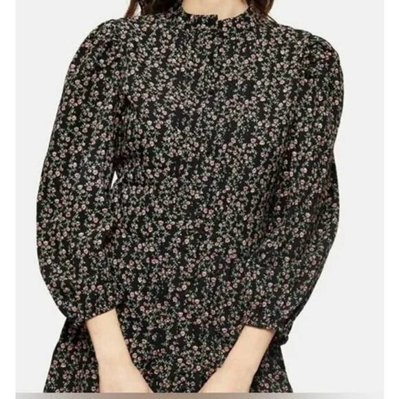 TOPSHOP Tiny Front Pleats Long Sleeve Mini Dress Sz 12 in Black Floral Multi NWT - Picture 2 of 8